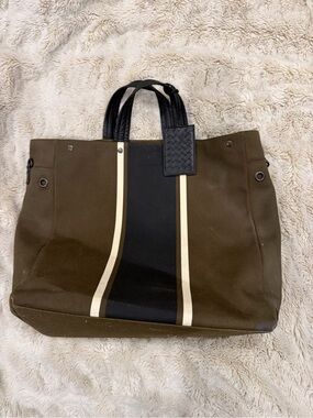 Bottega Veneta Olive Canvas Duffel with Black Center Stripe and Cream Accents